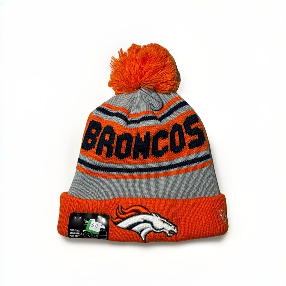New Era Denver Broncos Pom Beanie Knit Hat Orange Gray NFL OSFM NWT